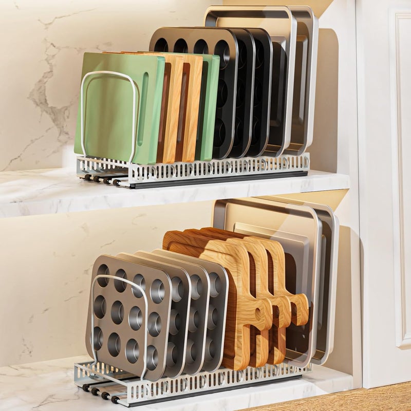 Housolution 2 Pack Baking Tray and Cookie Sheet Organizer, Cutting Board Organizer with 2 Using Methods, Bakeware Muffin Tin Storage Rack with 10 Adjustable Dividers for Cabinet, White - Image 1